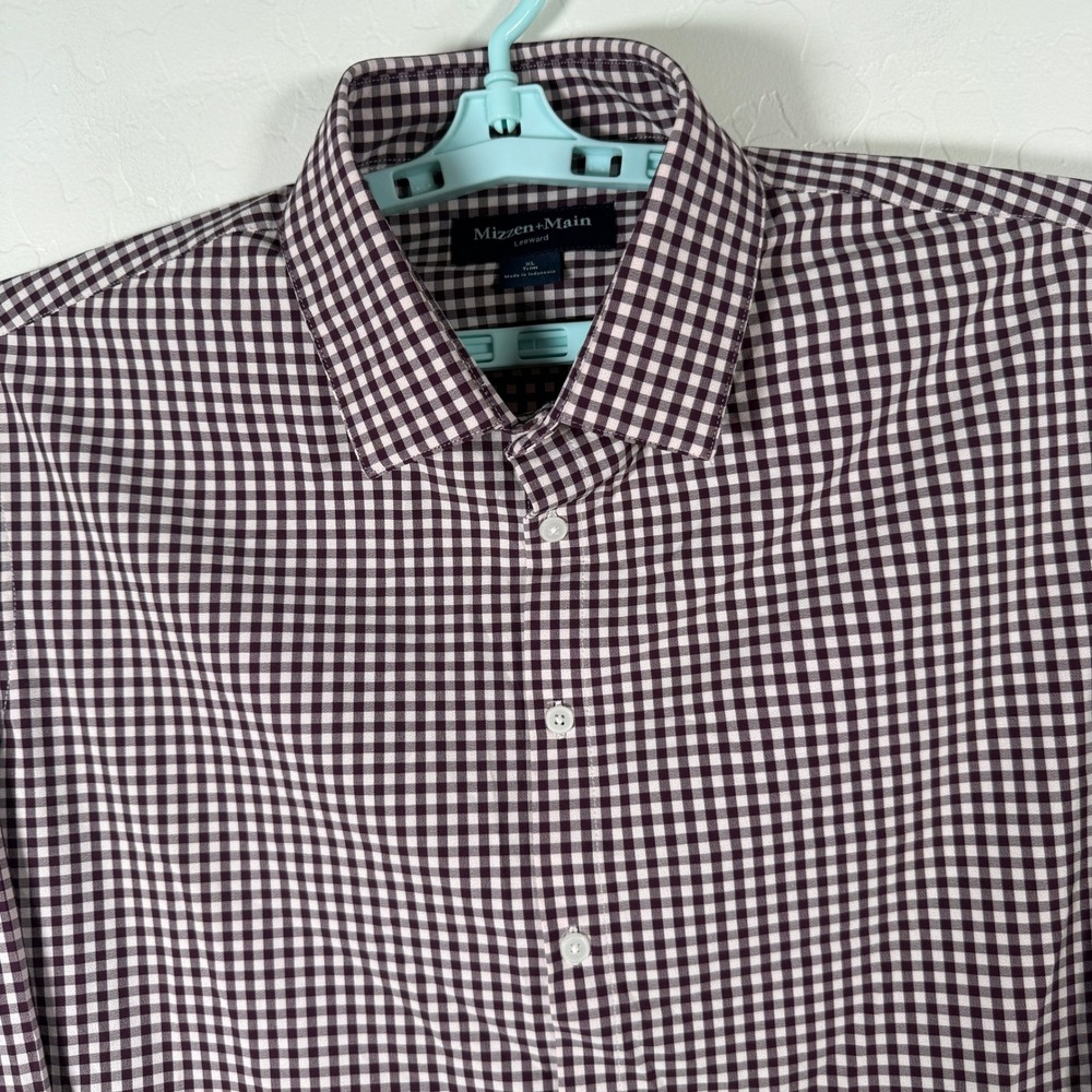 Mizzen Main Leeward Dress Shirt Mens XL Red Gingham Trim Fit Performance Stretch